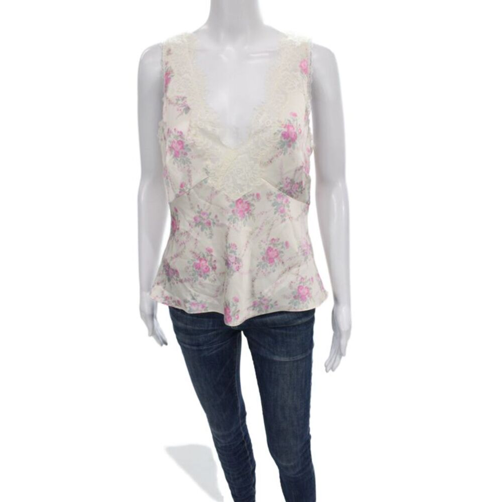 Love Shack Fancy Women Ivory Floral V Neck Tank Top Size S